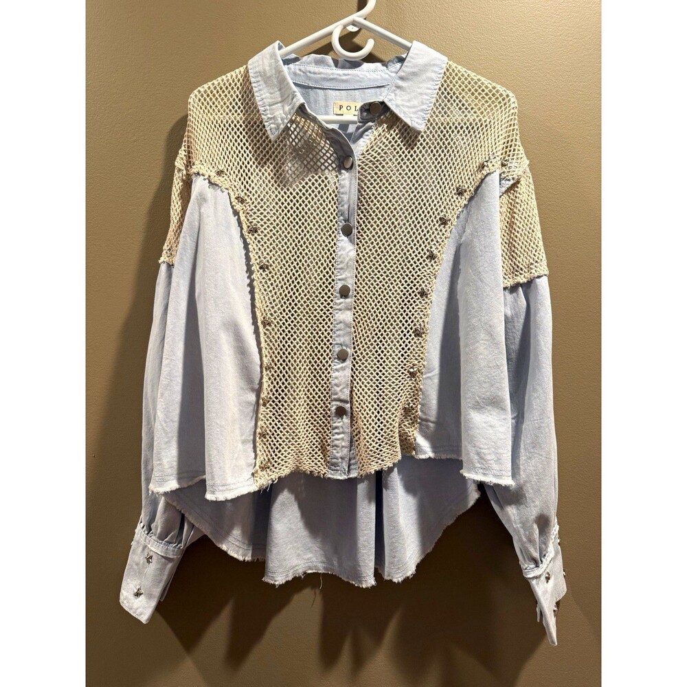 POL Women’s Size S Blue Cotton Button-Up Crochet Panel Studded Oversized